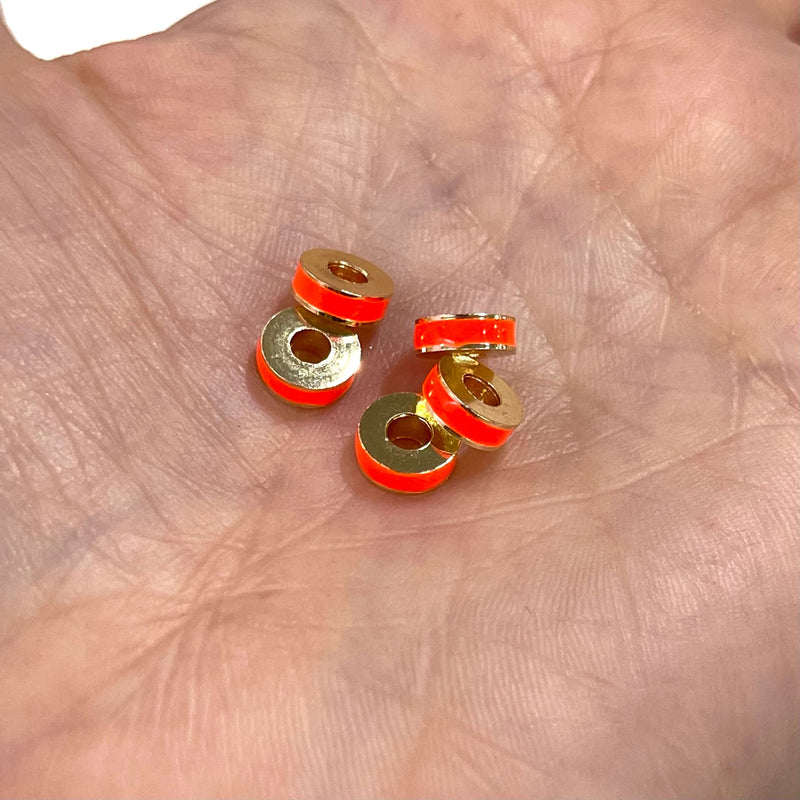 Entretoises Rondelle à grand trou émaillées orange fluo plaqué or 24 carats, 5 pièces dans un paquet