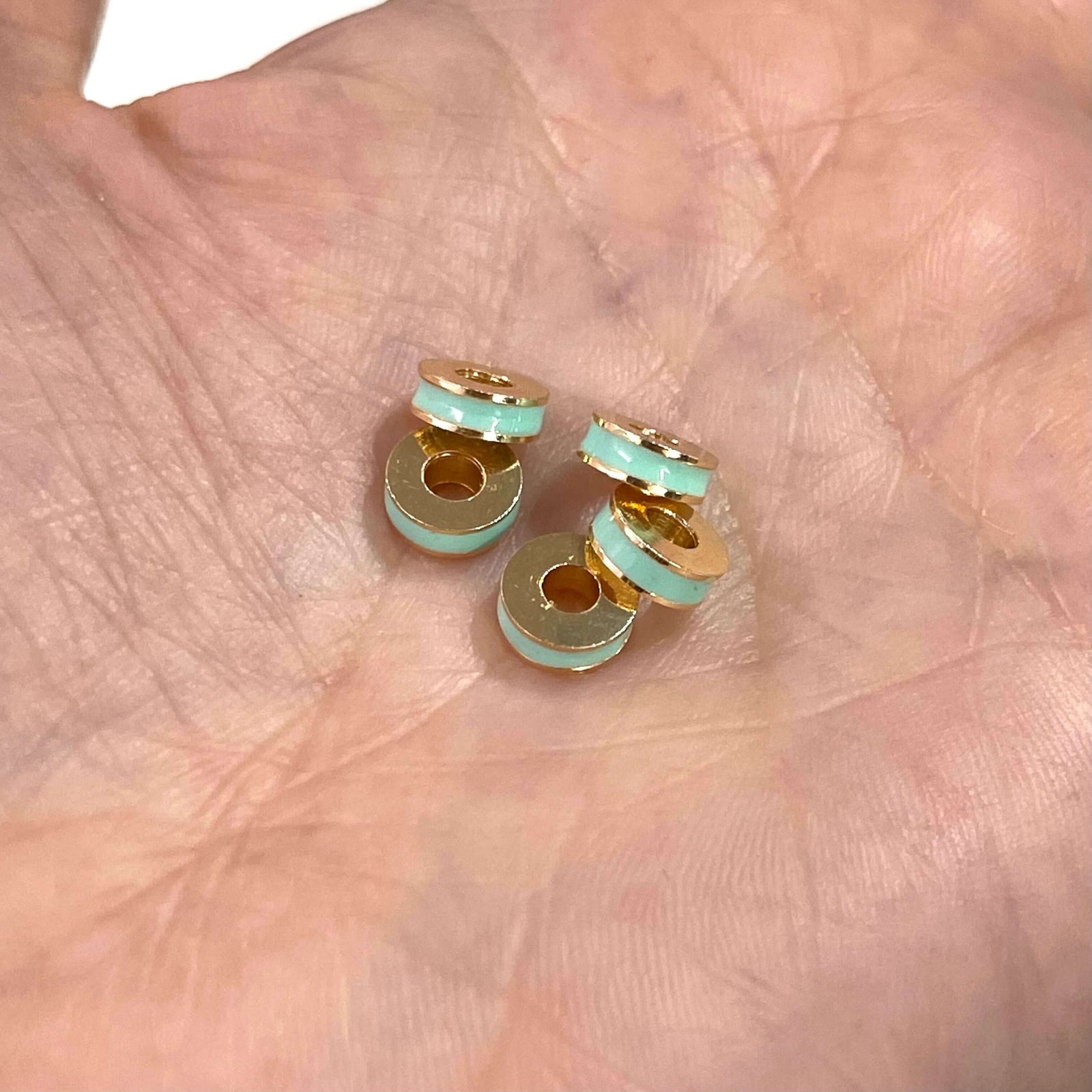 24Kt Gold Plated Mint Enamelled Large Hole Rondelle Spacers, 5 Pcs in a pack