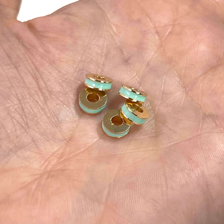 24Kt Gold Plated Mint Enamelled Large Hole Rondelle Spacers, 5 Pcs in a pack