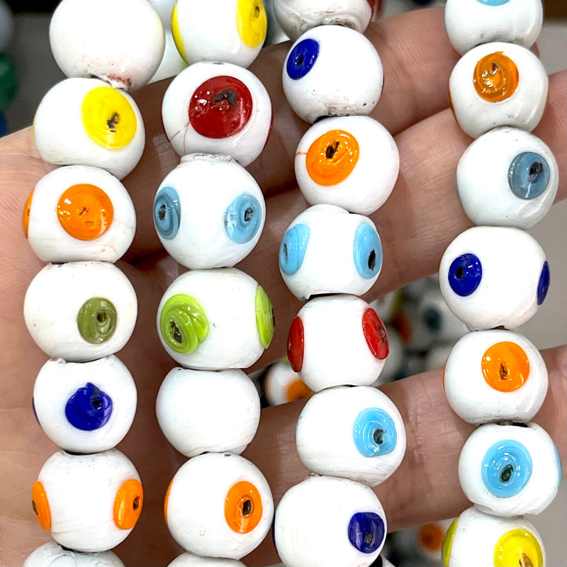 Traditional Turkish Artisan Handmade Round Evil Eye Glass Beads, Large Hole Glass Beads, 10 Beads in a pack