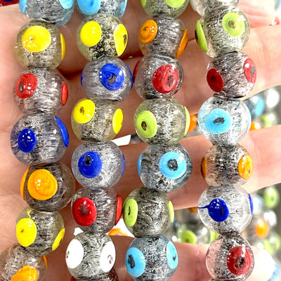 Traditional Turkish Artisan Handmade Round Evil Eye Glass Beads, Large Hole Glass Beads, 10 Beads in a pack