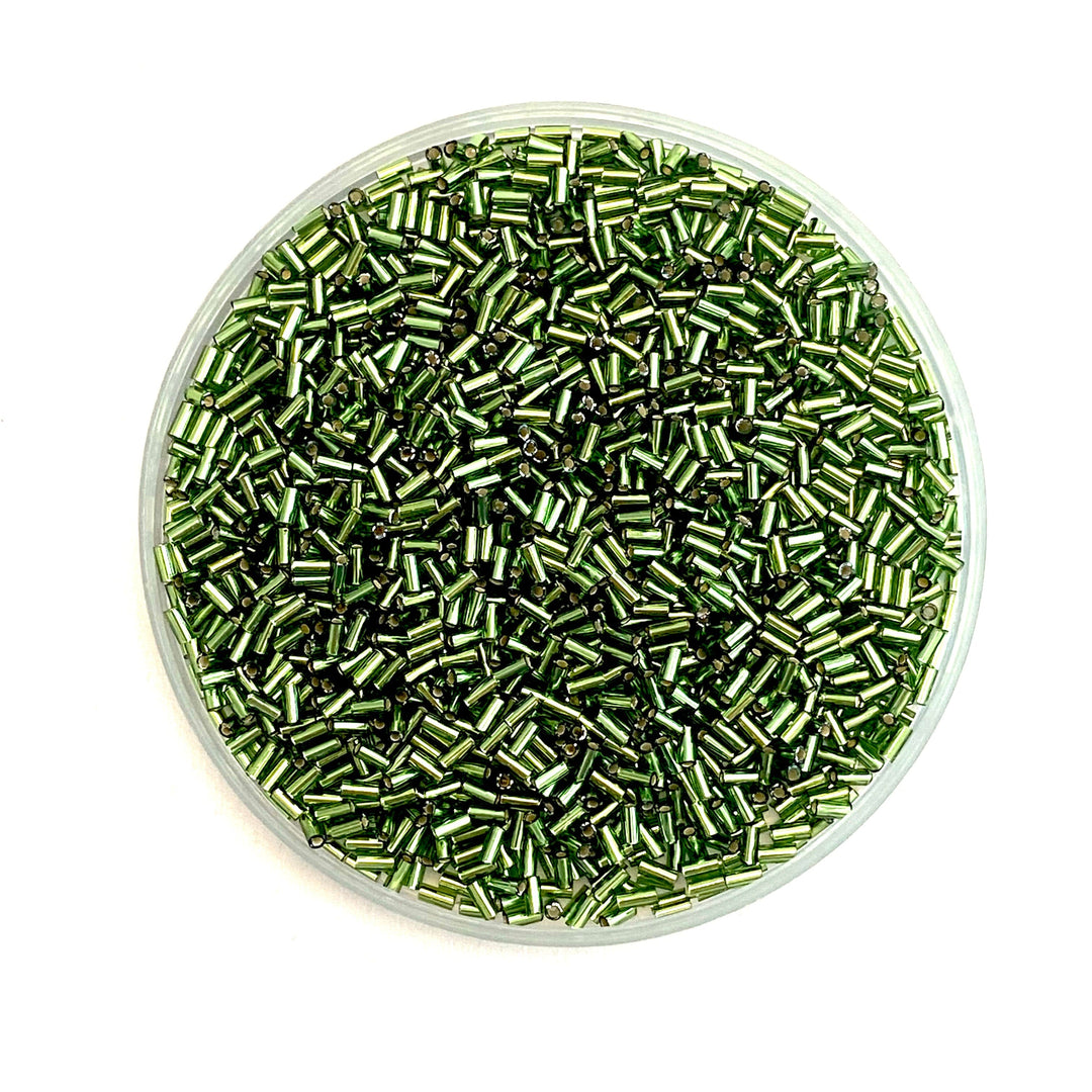 Miyuki Bugles size 3mm 0026 Silver Lined Olivine 10 grams.