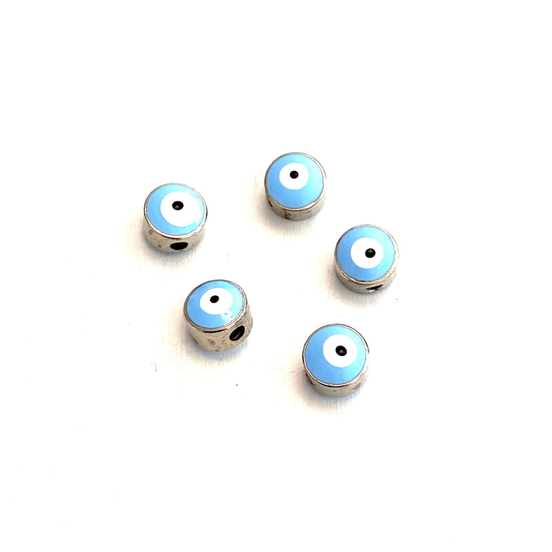 7mm Silver Plated Evil Eye Beads, 7mm Silver Plated Evil Eye Spacers, 5 Pcs in a Pack