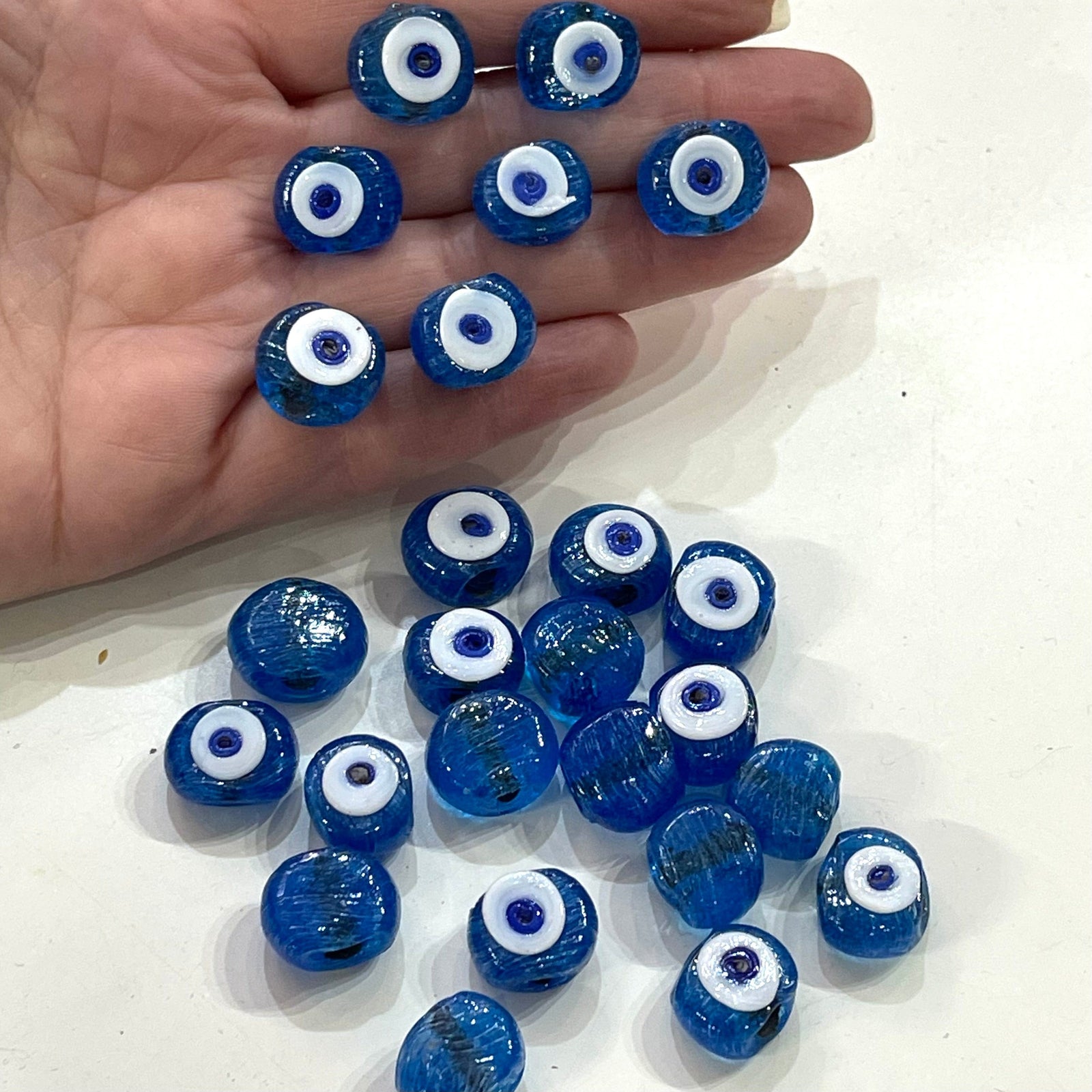 Traditional Turkish Artisan Handmade Glass Evil Eye Beads, Large Hole Evil Eye Glass Beads, 50 Beads per pack