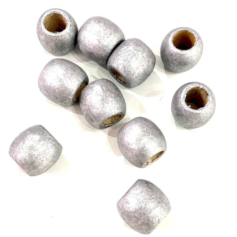 Silver Large Hole Wooden Beads 16x15mm 10 Pieces in a pack