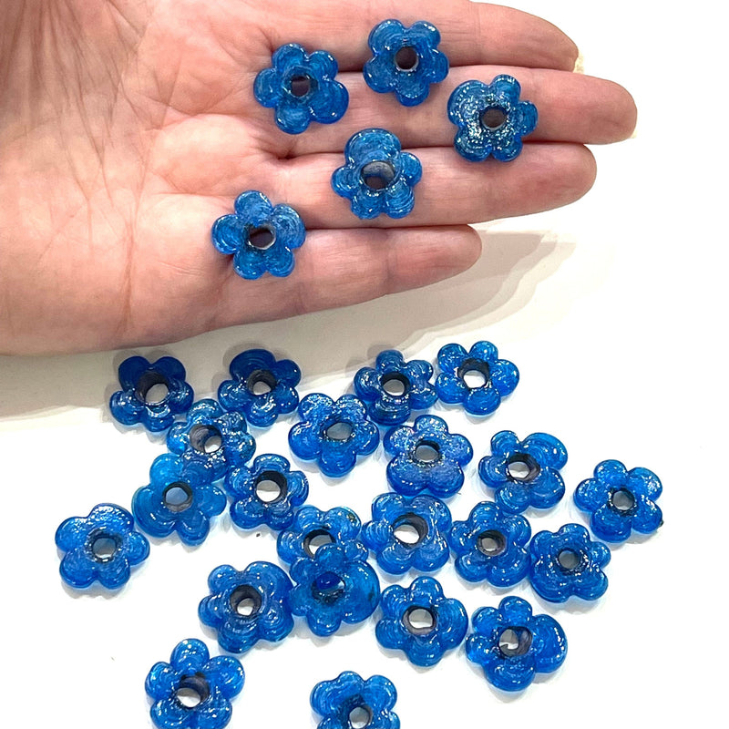 Hand Made Murano Glass Large Hole Agate Blue Flower Beads, 10 Beads in a pack
