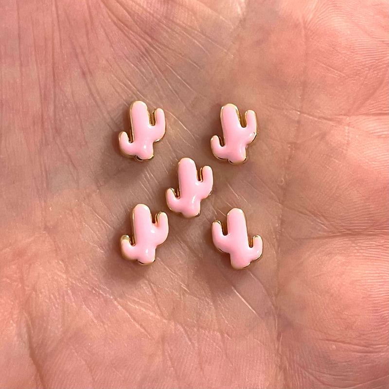 24Kt Gold Plated Pink Enamelled Cactus Spacers, 5 pcs in a pack