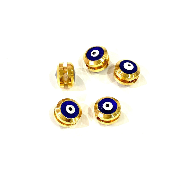 NEW!! 7mm 24K Gold Plated Navy Evil Eye Beads, 7mm 24K Gold Plated Evil Eye Spacers, 5 Pcs in a Pack