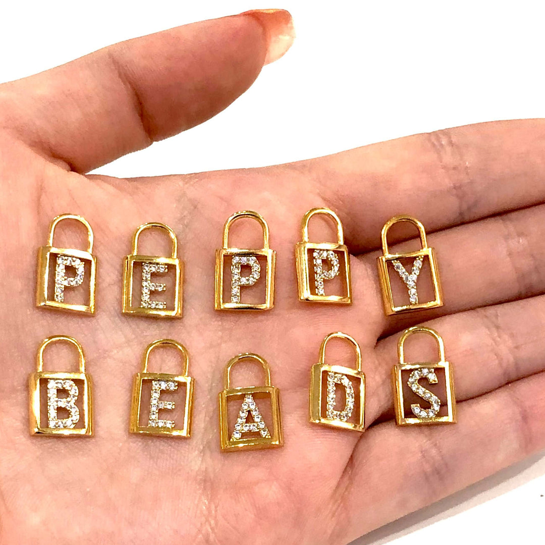 24Kt Shiny Gold Plated Padlock Initial Charms, Micro Pave Padlock Initial Pendants