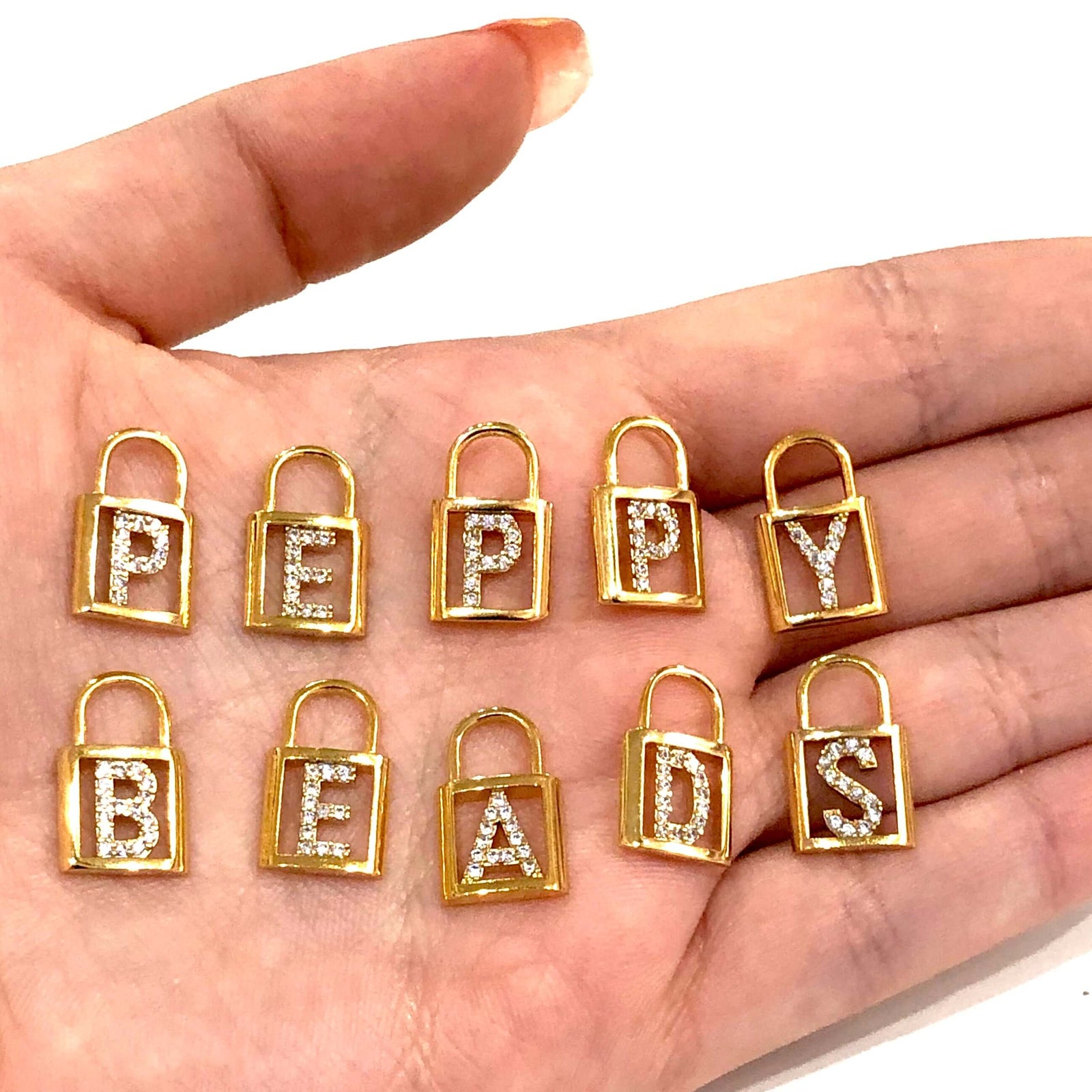 24Kt Shiny Gold Plated Padlock Initial Charms, Micro Pave Padlock Initial Pendants