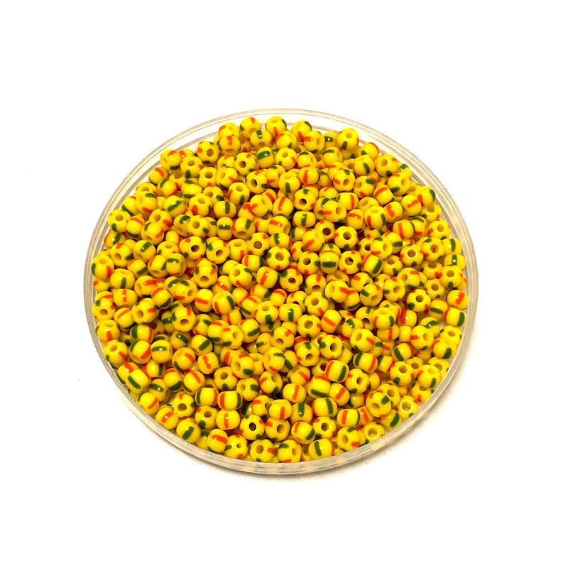 Preciosa Rocailles 6/0 Rocailles-Rundloch 20 gr, 83590 Rote und grüne Streifen auf Gelb