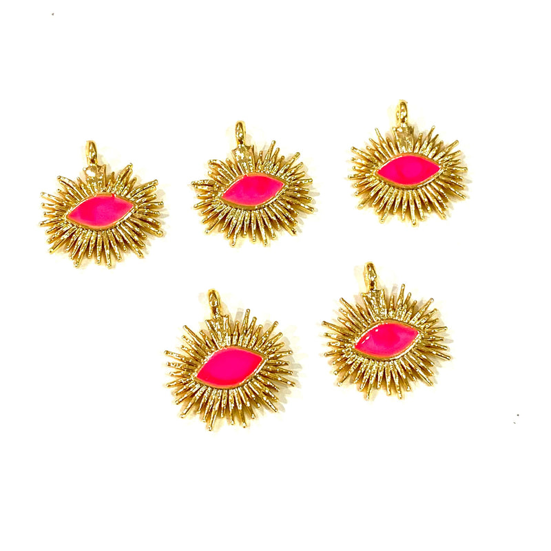 24 Karat vergoldete rosa emaillierte Augenanhänger, 5 Stück in einer Packung