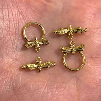 2 Sets 24Kt Shiny Gold Plated Dragonfly Toggle Clasps,£2.5