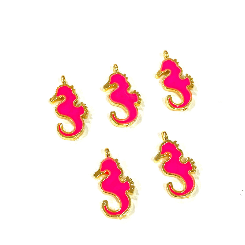 24Kt Gold Plated Neon Pink Enamelled Sea Horse Charms, 5 pcs in a Pack