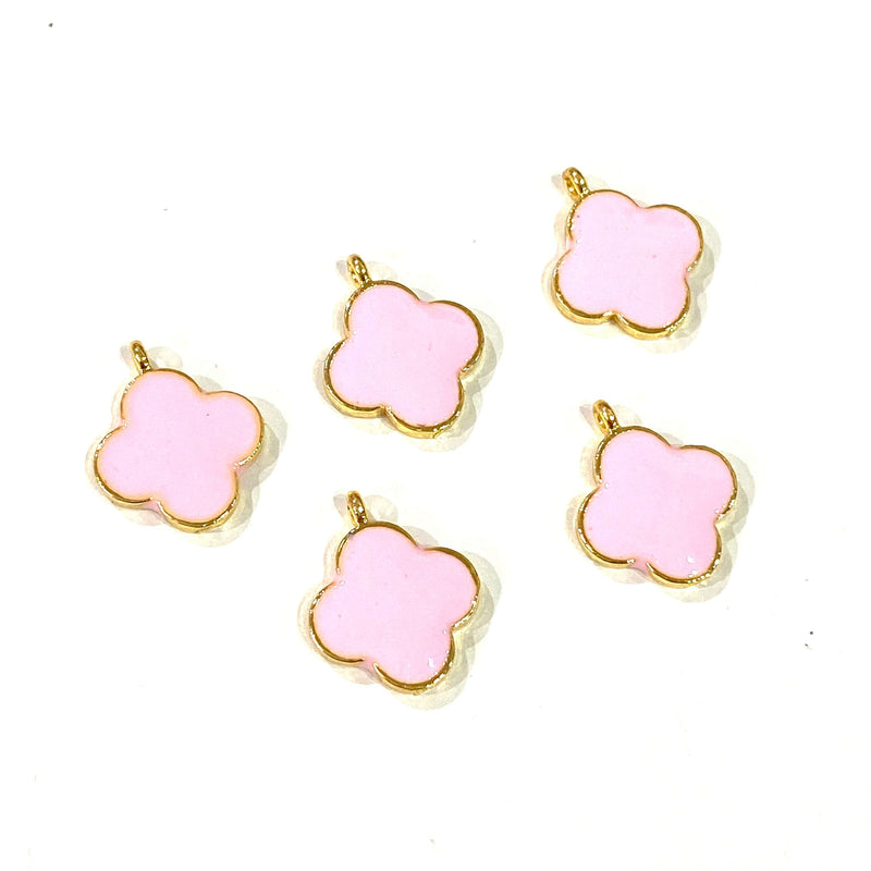24Kt Gold Plated Pink Enamelled Clover Charms, 5 pcs in a Pack