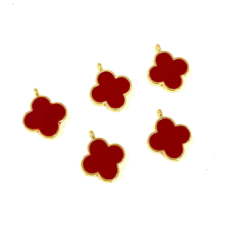 24Kt Gold Plated Red Enamelled Clover Charms, 5 pcs in a Pack