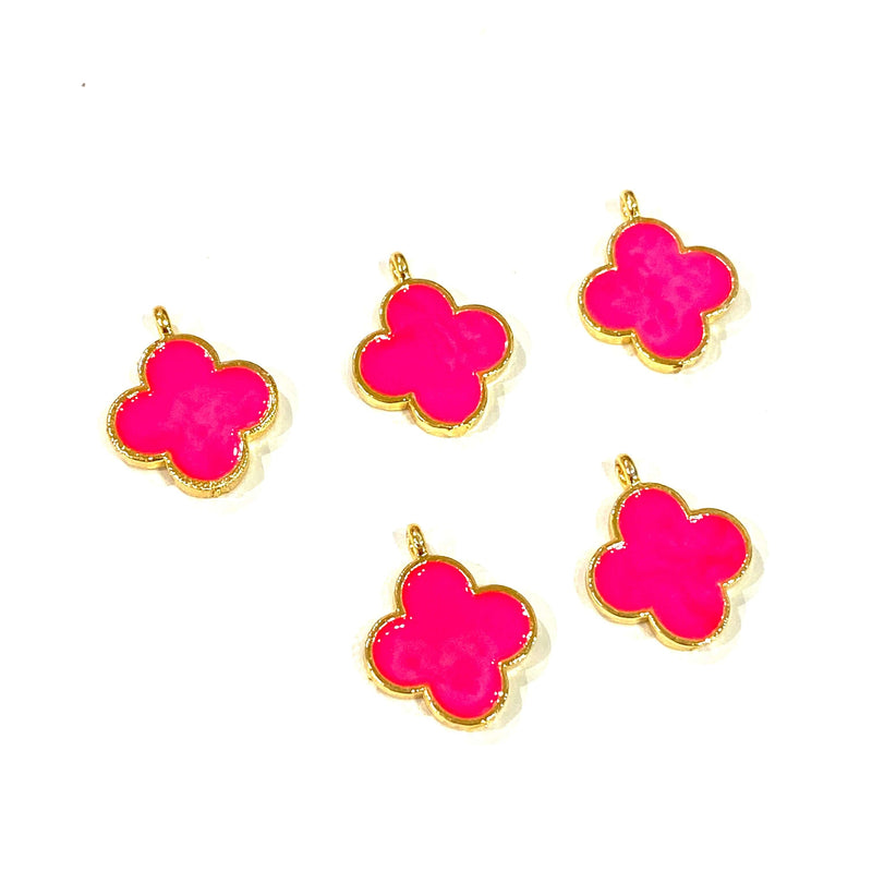 24Kt Gold Plated Neon Pink Enamelled Clover Charms, 5 pcs in a Pack