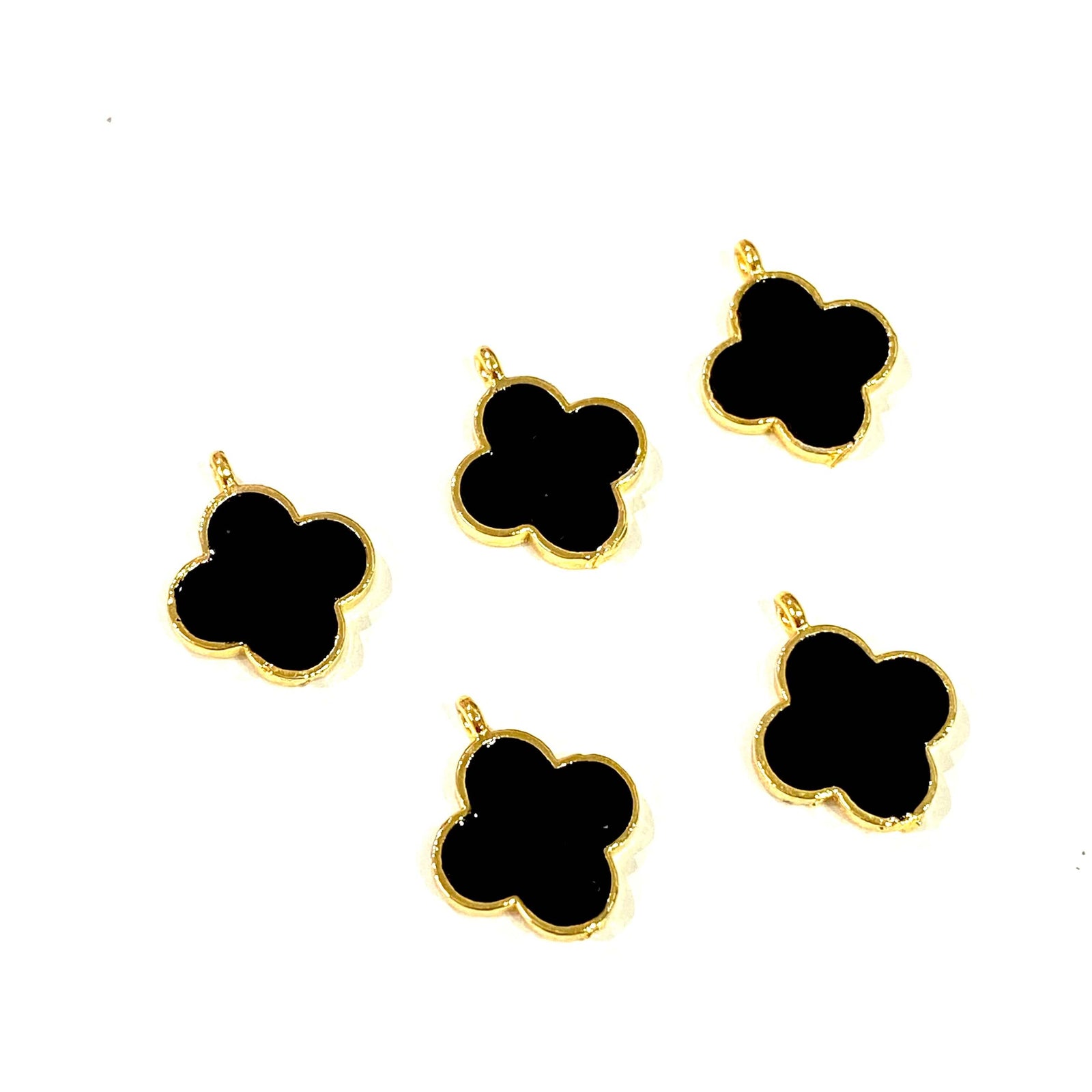 24Kt Gold Plated Black Enamelled Clover Charms, 5 pcs in a Pack
