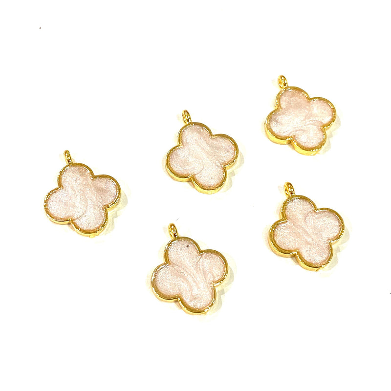 24Kt Gold Plated Ivory Enamelled Clover Charms, 5 pcs in a Pack