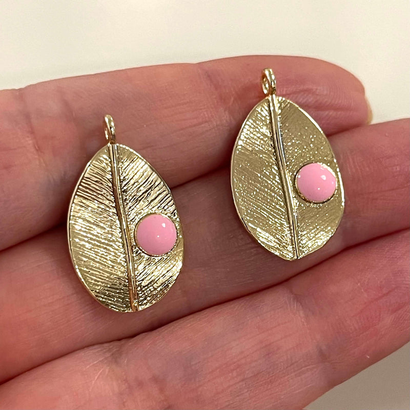 24Kt Gold Plated Brass Leaf Charms, Gold Plated Leaf Pink Enamelled Charms, 2 pcs in a pack