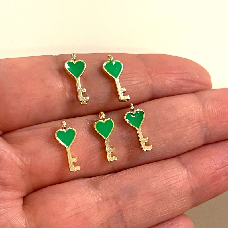 24 Karat vergoldete neongrüne emaillierte Schlüssel-Anhänger, 5 Stück in einer Packung