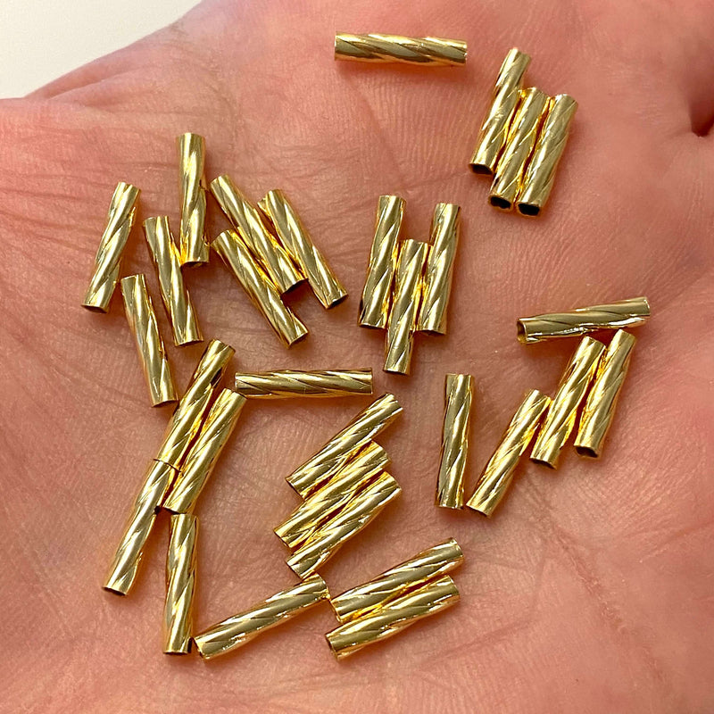 24Kt Gold Plated Twisted Brass 10x2mm Spacer Tubes, 50 Pcs in a Pack