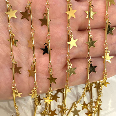 24Kt Shiny Gold Plated Bar Chain with Star Charms, 15mm Bar Chain with 6mm star charms