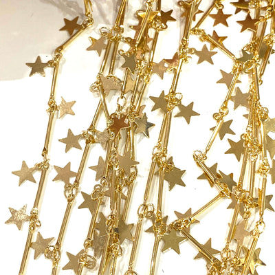 Chaîne barre plaquée or brillant 24 carats avec breloques étoiles, chaîne barre 15 mm avec breloques étoile 6 mm