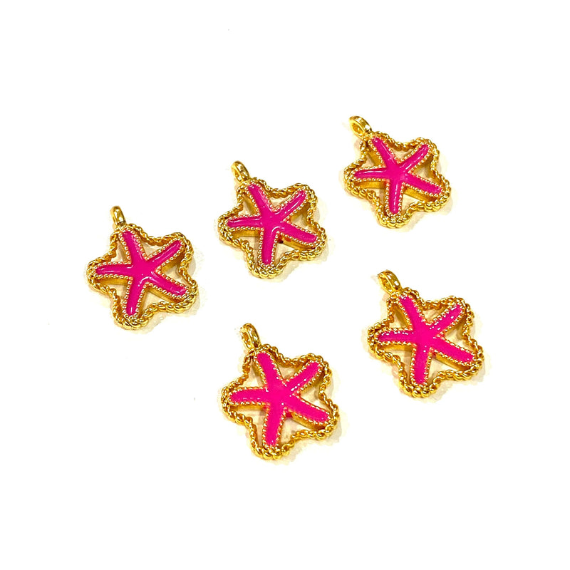 24Kt Gold Plated Pink Enamelled Starfish Charms, 5 Pcs in a Pack