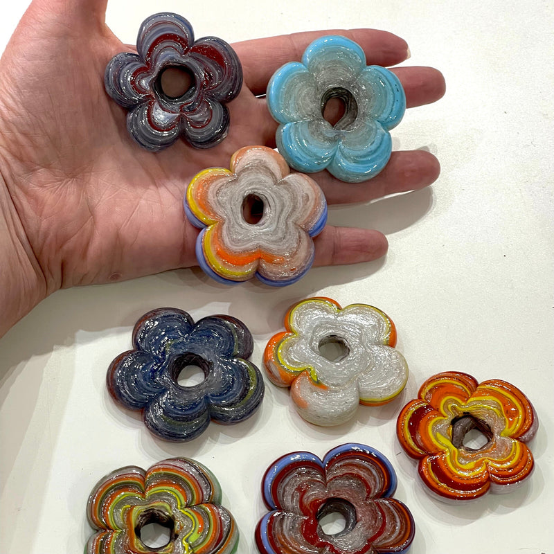 Artisan Handmade Chunky Marbled Glass Flower Beads, Size Between 50mm, 3 pcs in a pack