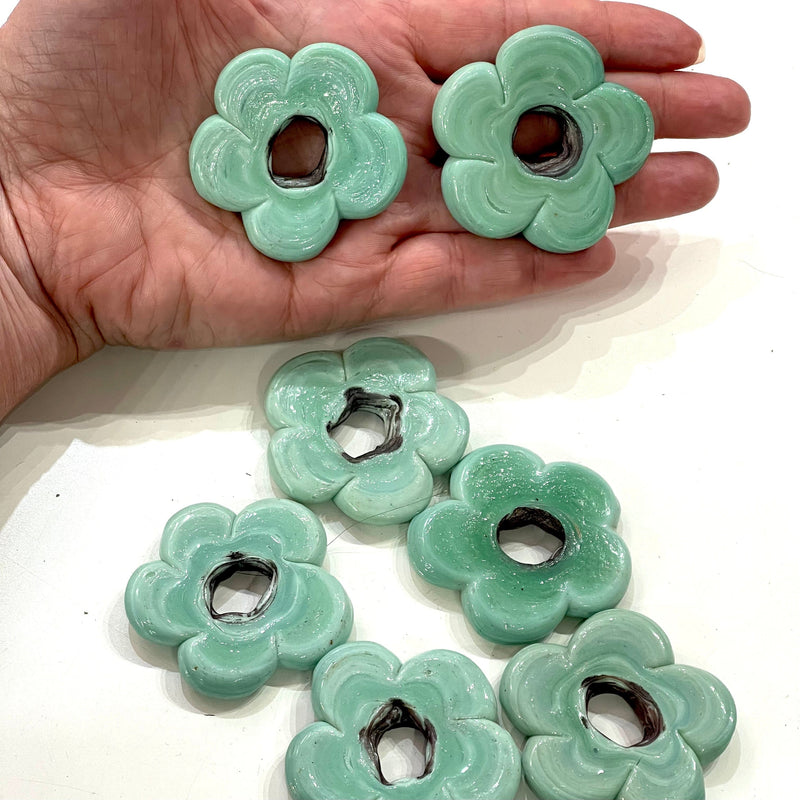 Artisan Handmade Chunky Seafoam Glass Flower Beads, Size Between 50mm, 2 pcs in a pack