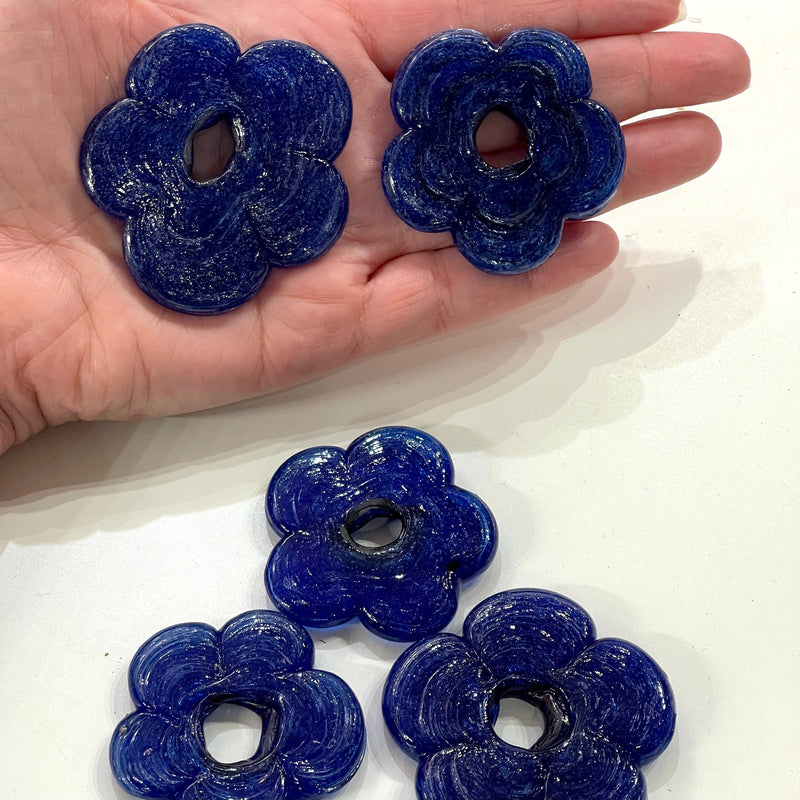 Artisan Handmade Chunky Navy Glass Flower Beads, Size Between 50mm, 2 pcs in a pack