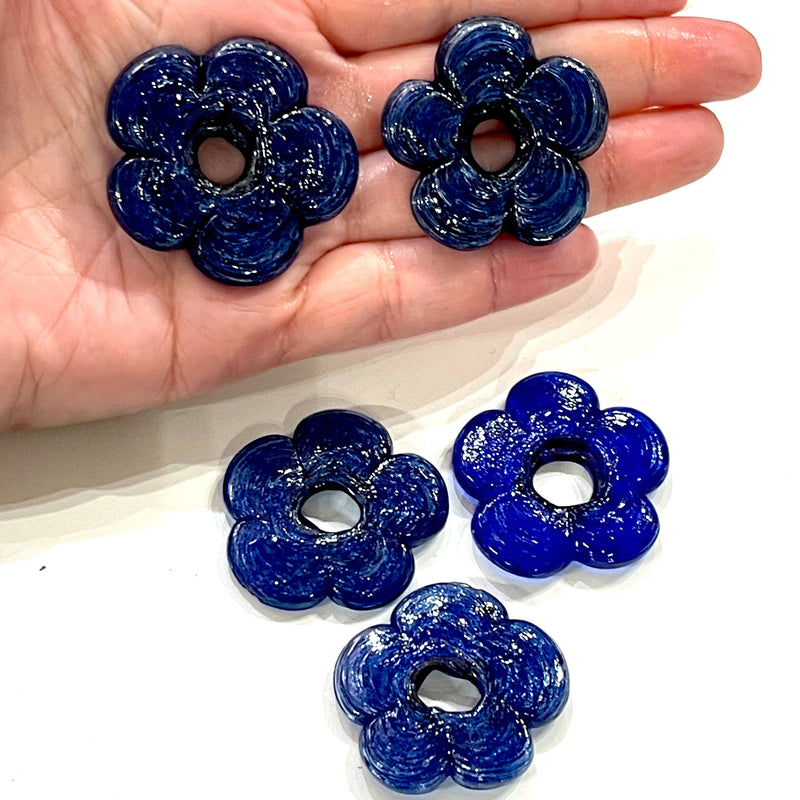 Artisan Handmade Chunky Navy Glass Flower Beads, Size Between 35 - 40mm, 2 pcs in a pack