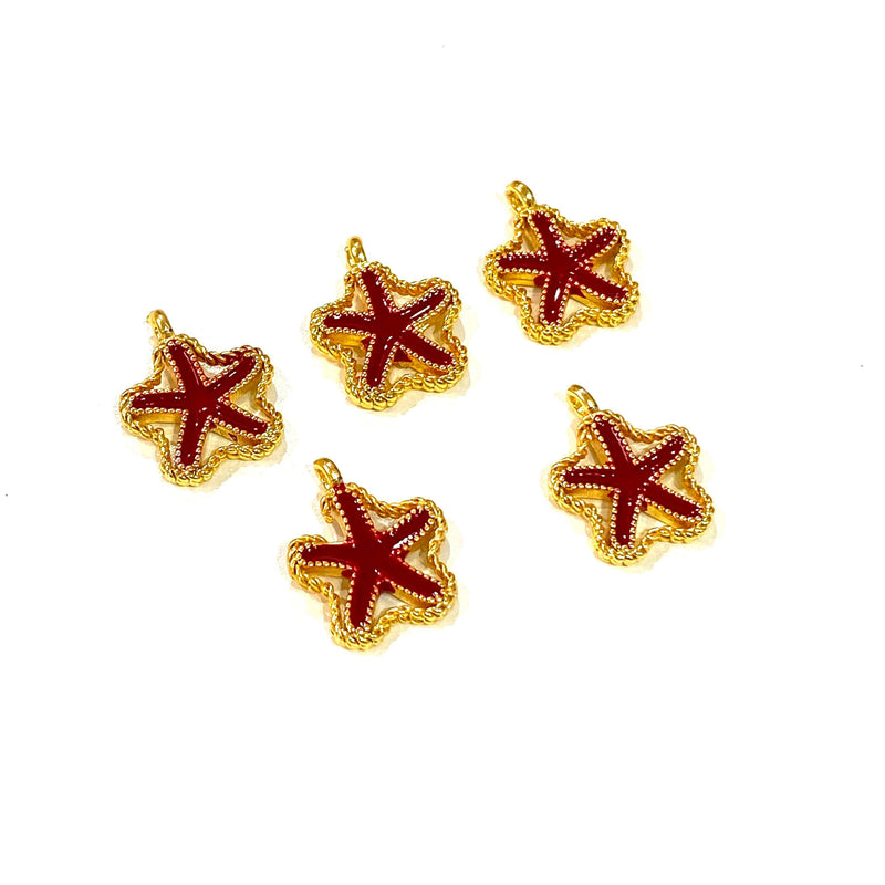24Kt Gold Plated Red Enamelled Starfish Charms, 5 Pcs in a Pack