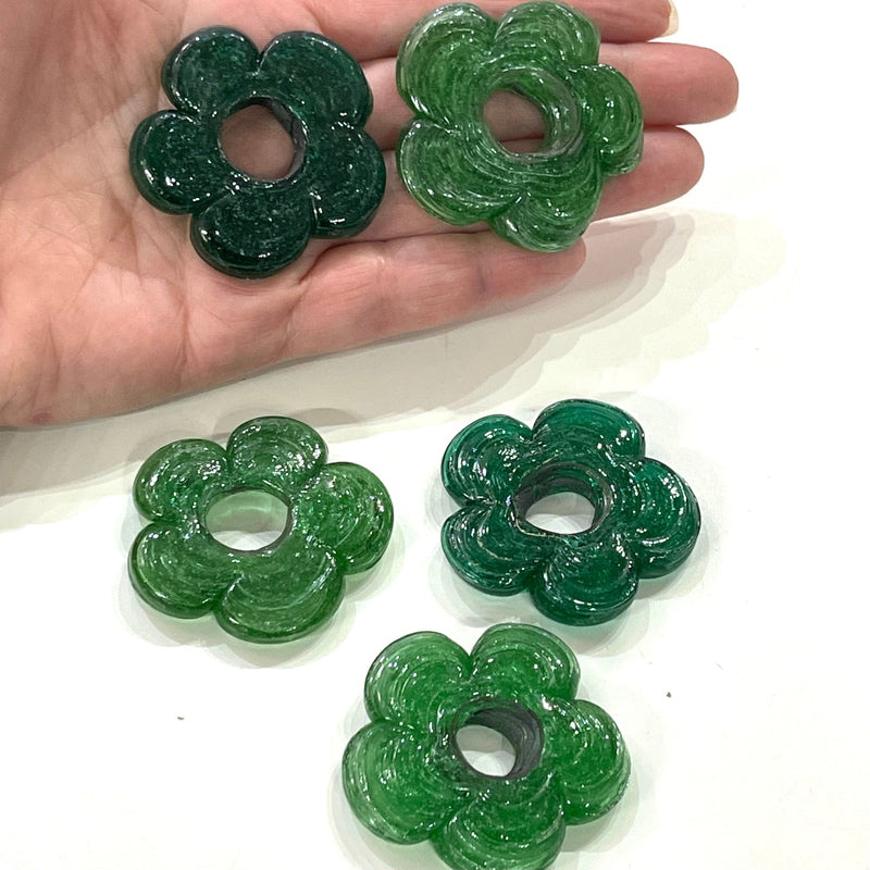 Artisan Handmade Chunky Green Glass Flower Beads, Size Between 50mm, 2 pcs in a pack