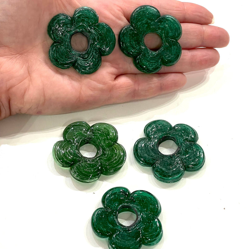 Artisan Handmade Chunky Green Glass Flower Beads, Größe zwischen 35 - 40 mm, 2 Stück in einer Packung