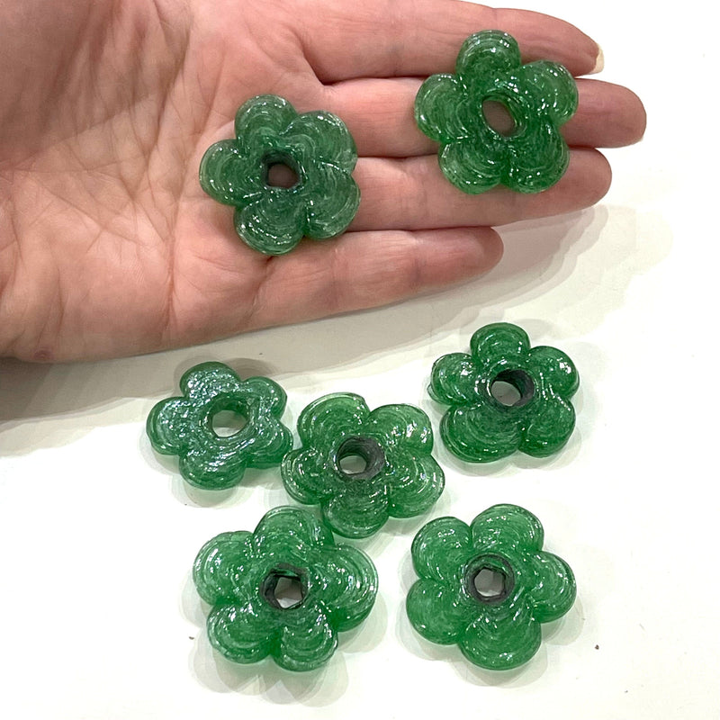 Artisan Handmade Chunky Green Glass Flower Beads, Size Between 30 - 35mm, 2 pcs in a pack