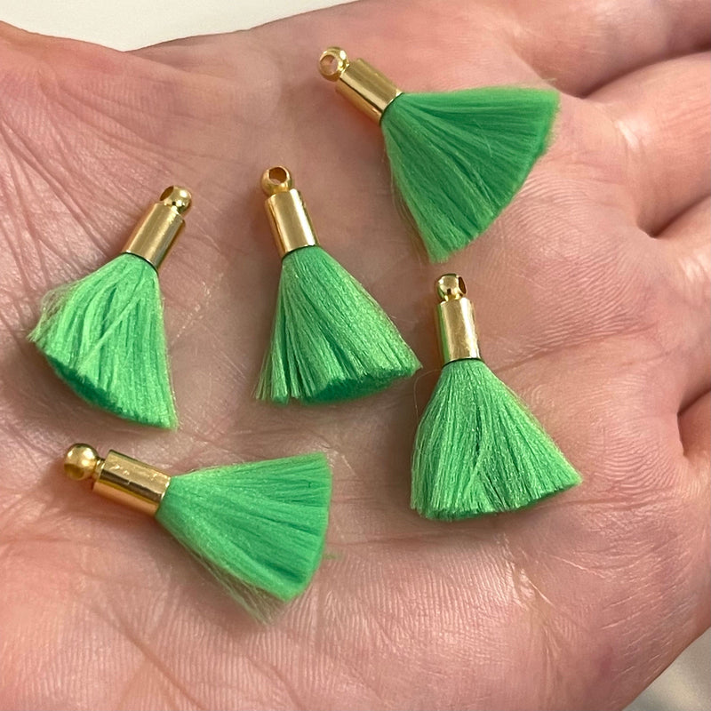 Neongrüne Mini-Seidenquasten mit 24 Karat vergoldeten Kappen, 5 Quasten in einer Packung