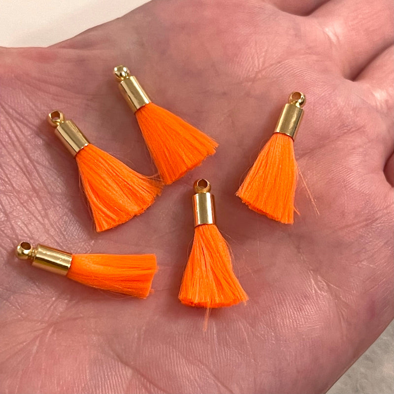 Neon Orange Mini Silk Tassels with 24k Gold Plated Caps, 5 Tassels in a pack