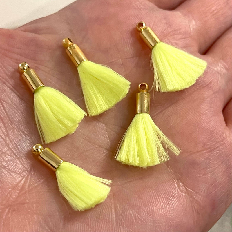Mini glands en soie jaune fluo avec capuchons plaqués or 24 carats, 5 glands dans un paquet