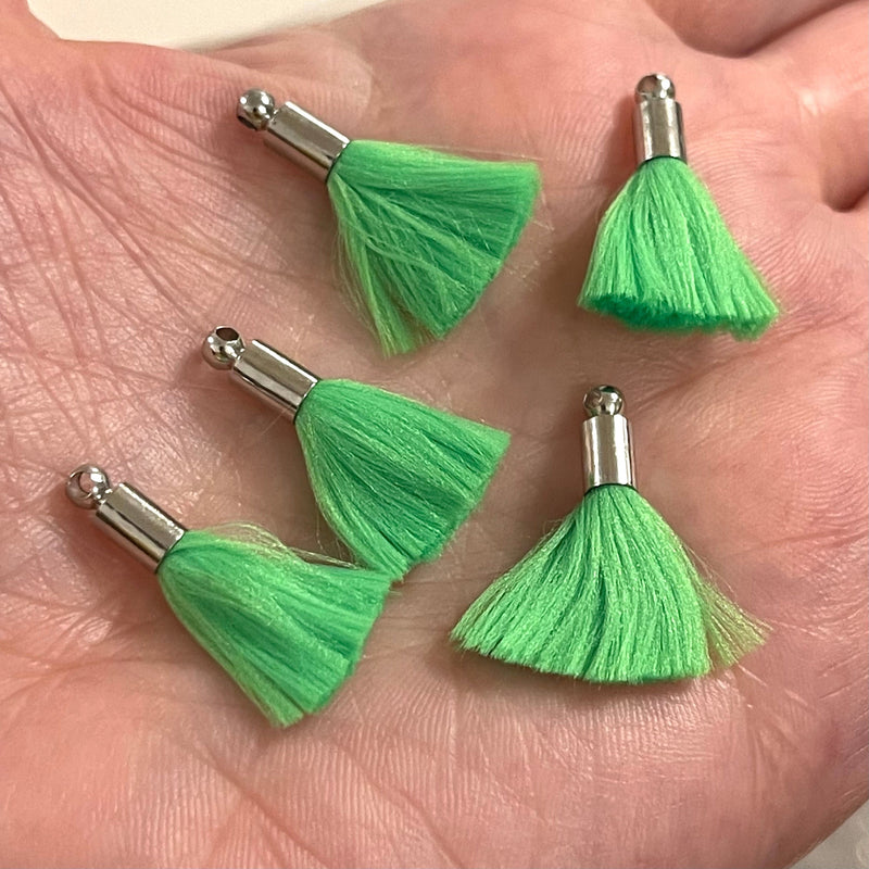 Neon Green Mini Silk Tassels with Silver Plated Caps, 5 Tassels in a pack