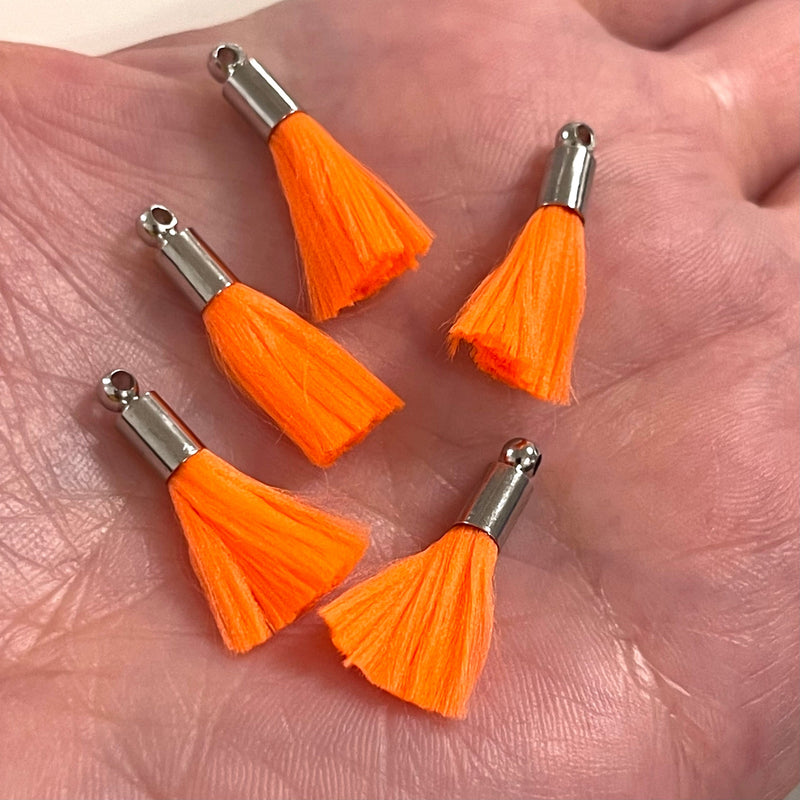 Neon Orange Mini Silk Tassels with Silver Plated Caps, 5 Tassels in a pack