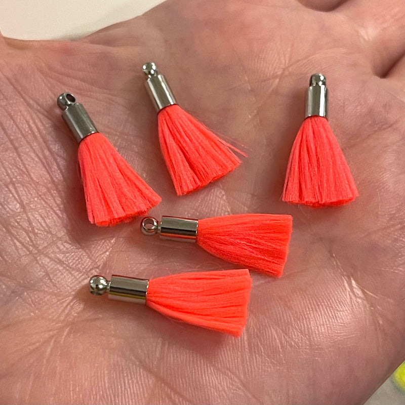 Neon Tangerine Mini Silk Tassels with Rhodium Plated Caps, 5 Tassels in a pack