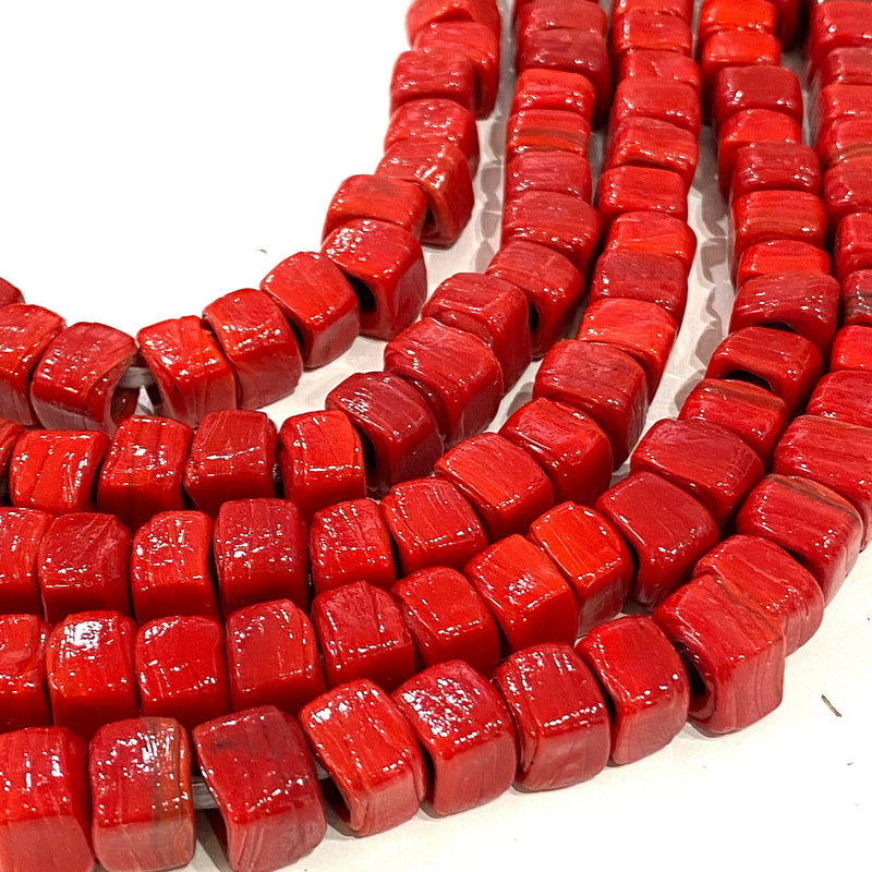 Hand Made Glass Cube Beads, Large Hole Traditional Lampwork Glass Beads, 10 Beads-RED