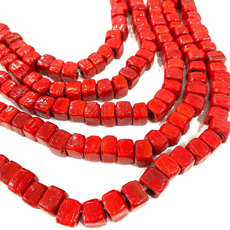 Hand Made Glass Cube Beads, Large Hole Traditional Lampwork Glass Beads, 10 Beads-RED