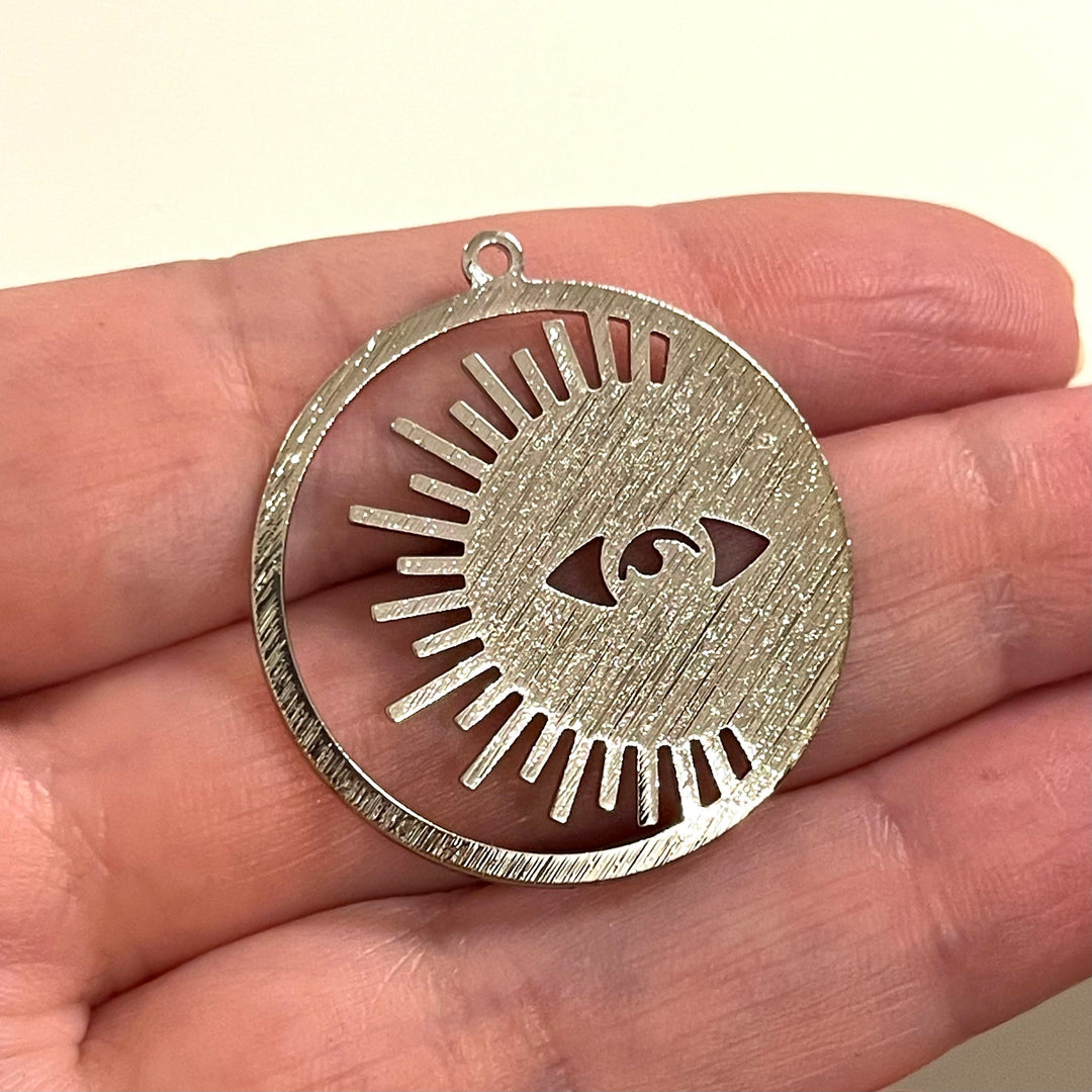 Moon&amp;Sun Silver Plated Textured Brass Pendant, Moon and Sun Silver Charm