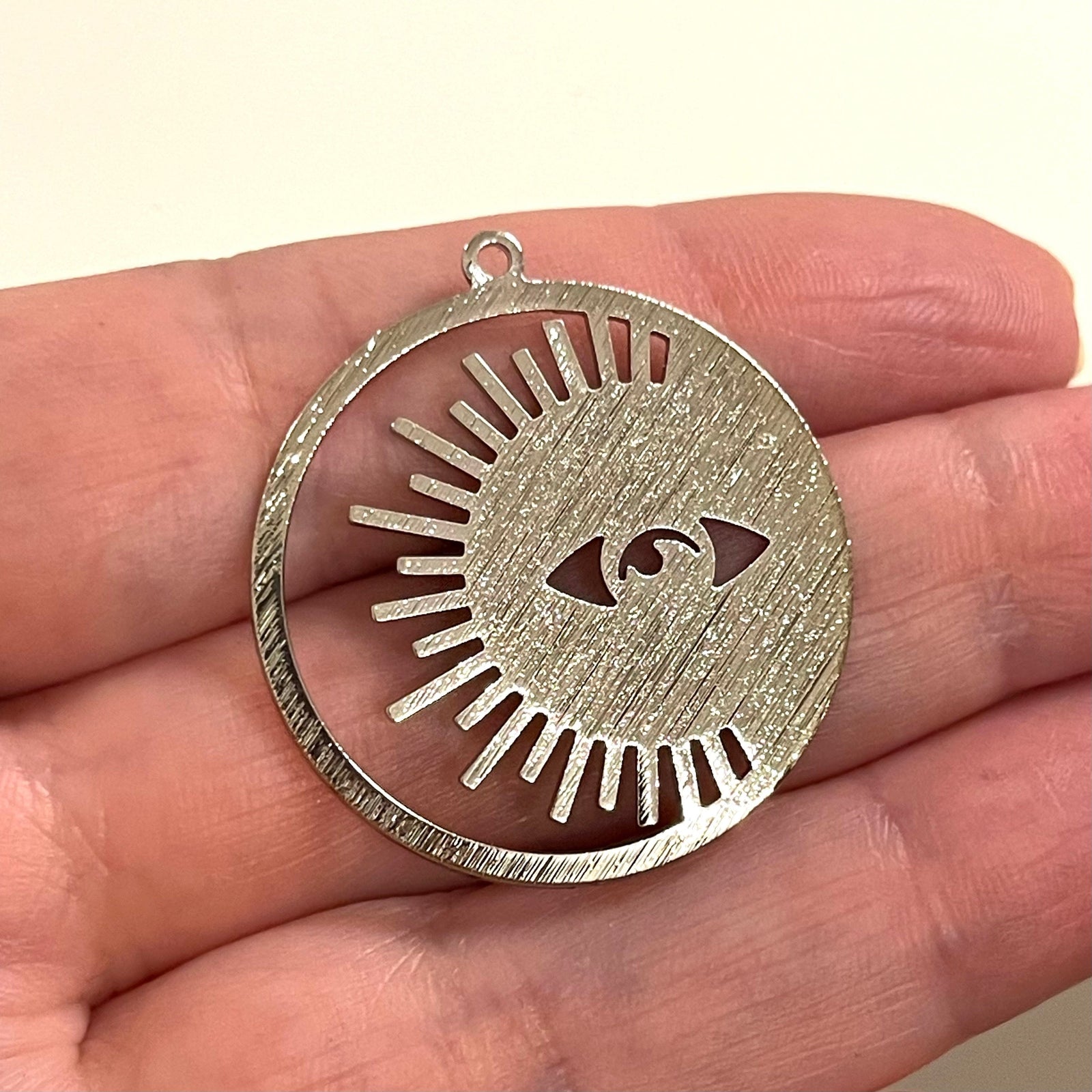 Moon&Sun Silver Plated Textured Brass Pendant, Moon and Sun Silver Charm