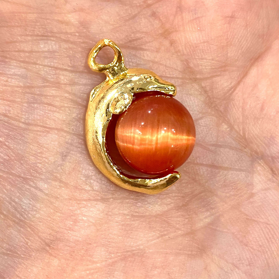 24Kt Gold Plated Dolphin 12mm Cat Eye Stone Pendant
