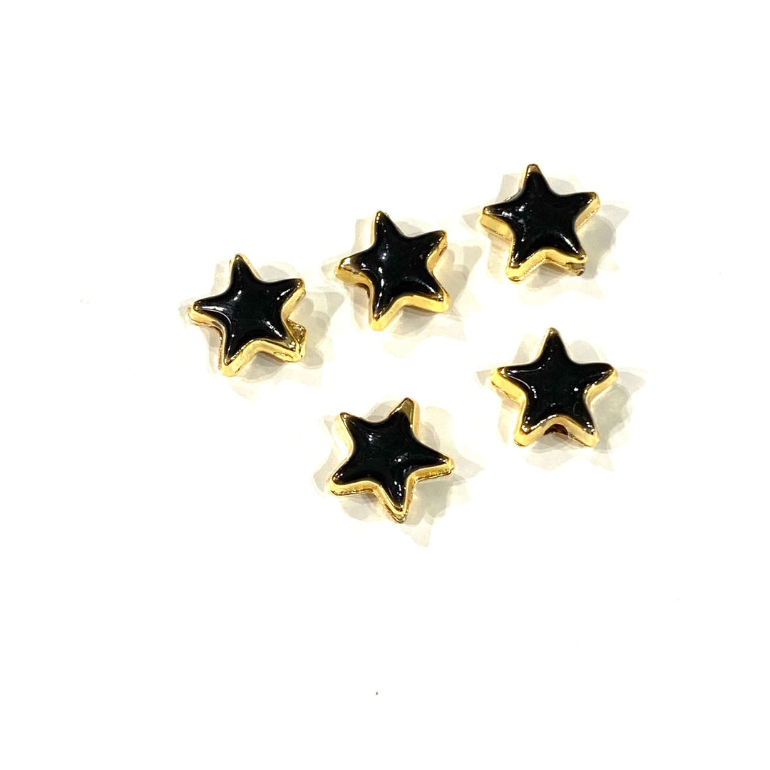 24Kt Shiny Gold Plated Black Enamelled Star Charms, 5 pcs in a pack