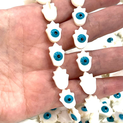 Mother Of Pearl Natural Hamsa Beads With Evil Eye, Holes Through Top, 5 Beads in a pack